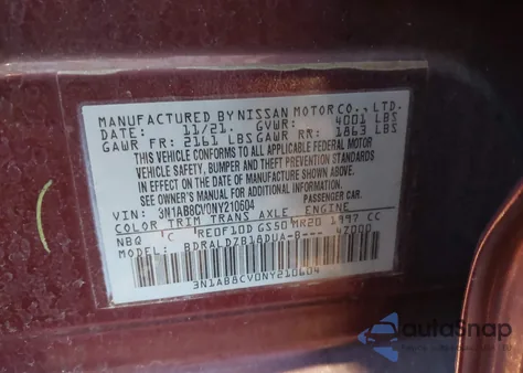 2022 Nissan Sentra Sv Xtronic Cvt из США, поврежденный, VIN 3N1AB8CV0NY210604